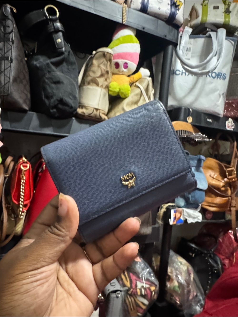 MCM Compact Leather Card Holder in Navy